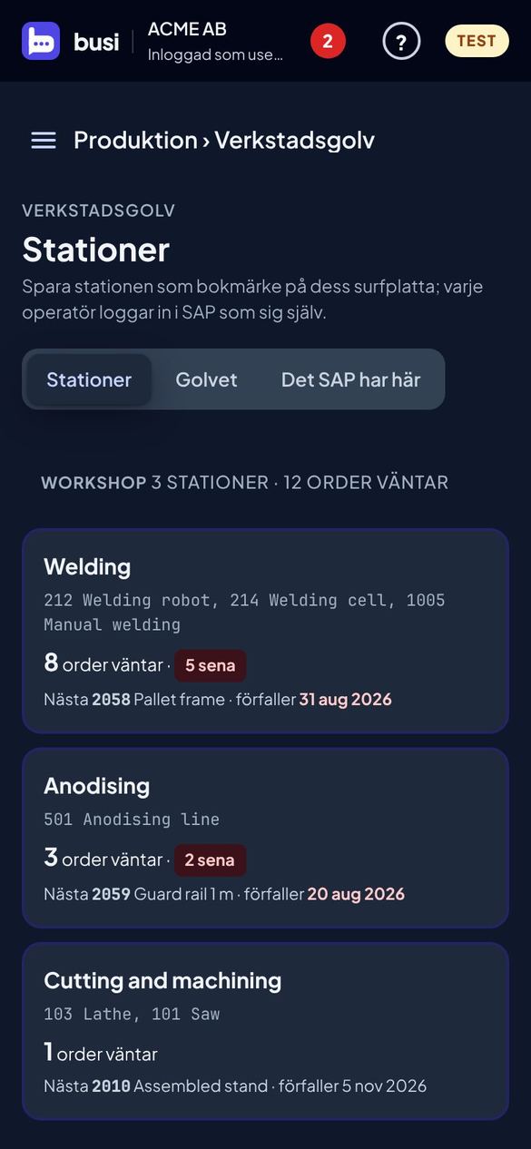 The shop floor stations on a phone, in Swedish and dark mode