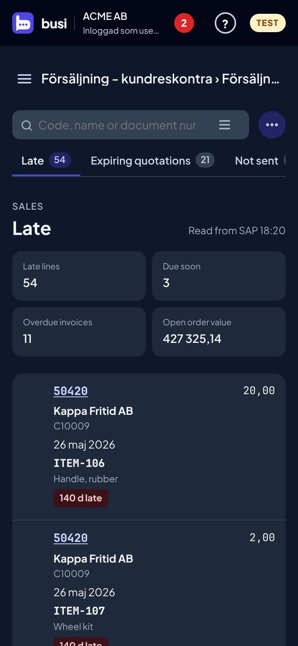 Late sales lines on a phone in dark mode
